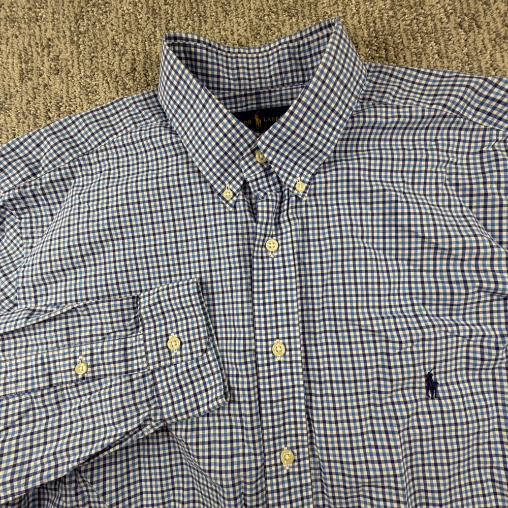 Ralph Lauren Button Down Mens LT Blue Gingham Plaid Long Sleeve Shirt